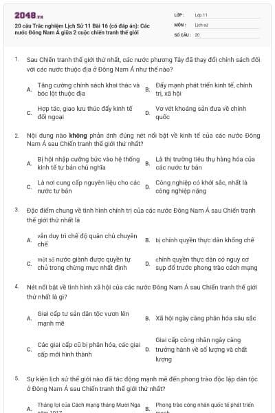 20 câu Trắc nghiệm Lịch Sử 11 Bài 16 (có đáp án): Các nước Đông Nam Á giữa 2 cuộc chiến tranh thế giới