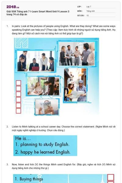Giải SGK Tiếng anh 7 I-Learn Smart Word Unit 9 Lesson 3 trang 74 có đáp án