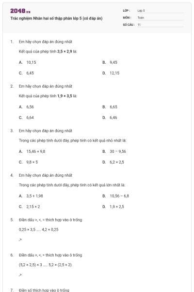 Trắc nghiệm Nhân hai số thập phân lớp 5 (có đáp án)