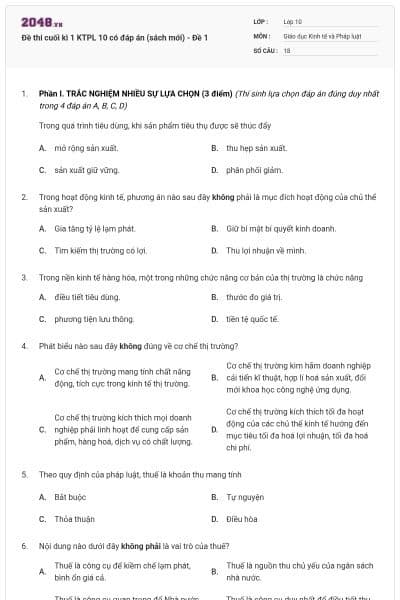 Đề thi cuối kì 1 KTPL 10 có đáp án (sách mới) - Đề 1