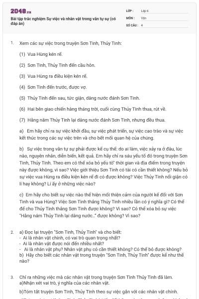 Bài tập trắc nghiệm Sự việc và nhân vật trong văn tự sự (có đáp án)