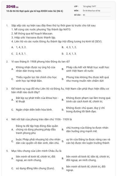 10 đề thi thi thpt quốc gia tổ hợp KHXH môn Sử (Đề 6)