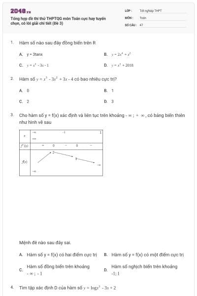 Tổng hợp đề thi thử THPTQG môn Toán cực hay tuyển chọn, có lời giải chi tiết (Đề 3)