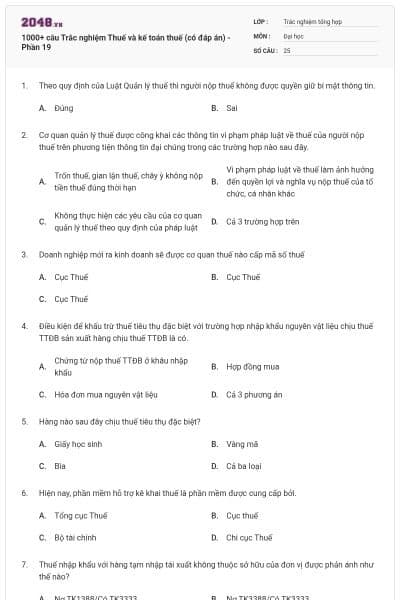 1000+ câu Trắc nghiệm Thuế và kế toán thuế (có đáp án) - Phần 19
