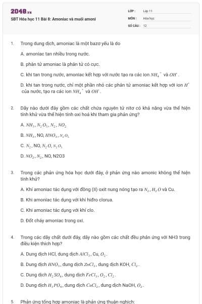 SBT Hóa học 11 Bài 8: Amoniac và muối amoni