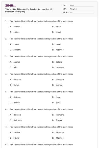 Trắc nghiệm Tiếng Anh lớp 5 Global Success Unit 12 Phonetics (có đáp án)