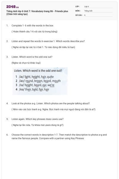 Tiếng Anh lớp 6 Unit 7: Vocabulary trang 86 - Friends plus (Chân trời sáng tạo)
