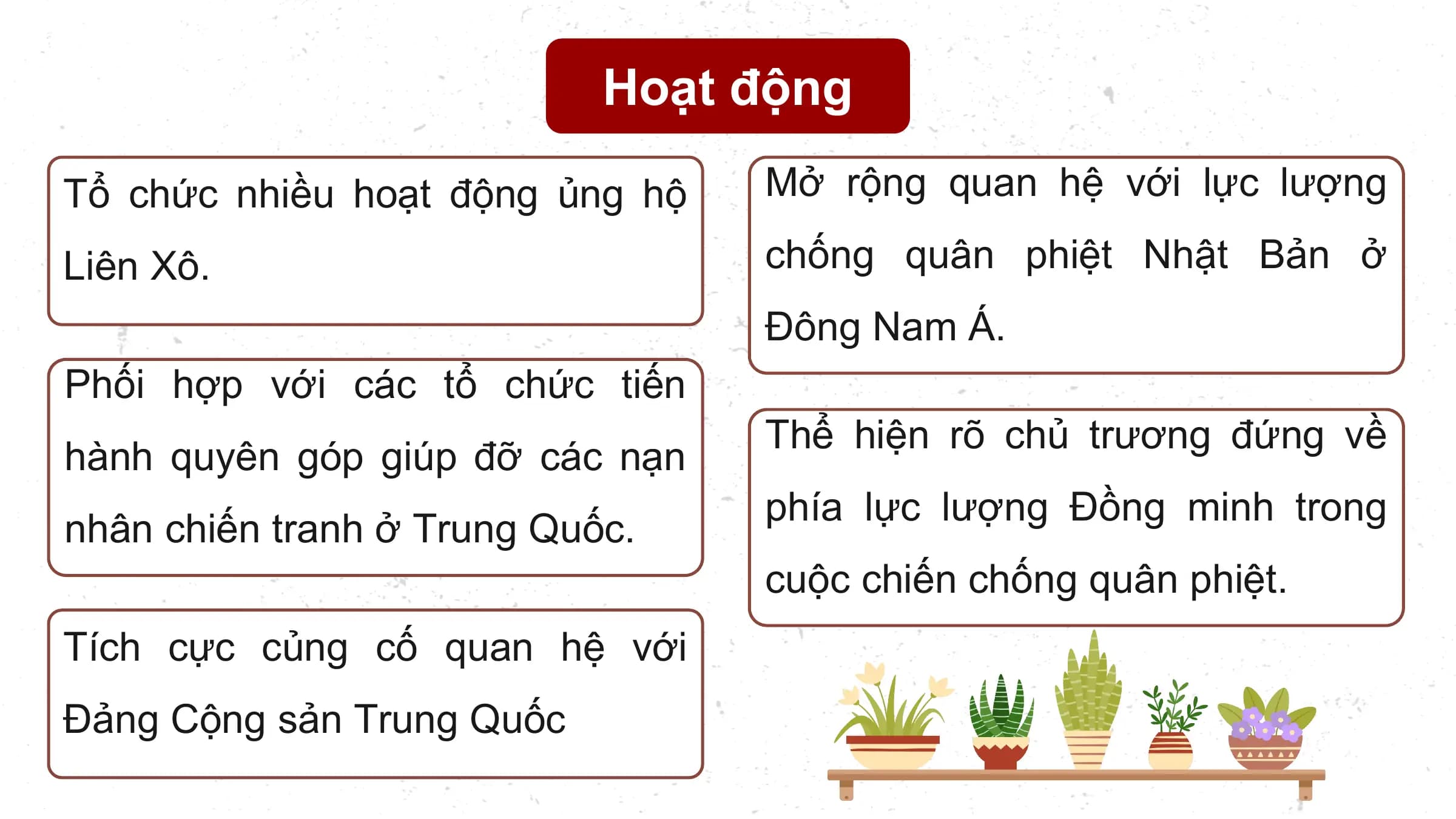 Hoạt động

Tổ chức nhiều hoạt động ủng hộ Mở rộng quan hệ với lực lượng

Liên Xô. chống quân phiệt Nhật Bản ở
 Đông Nam Á.
Phối hợp với các tổ chức tiến
 Thể hiện rõ chủ trương đứng về
hành quyên góp giúp đỡ các nạn
 phía lực lượng Đồng minh trong
nhân chiến tranh ở Trung Quốc.
 cuộc chiến chống quân phiệt.
Tích cực củng cố quan hệ với
Đảng Cộng sản Trung Quốc