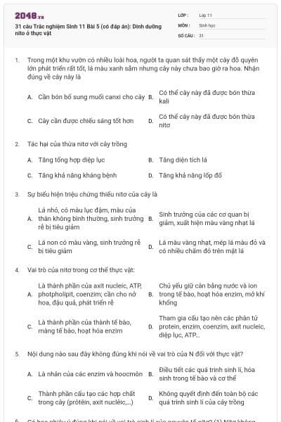 31 câu Trắc nghiệm Sinh 11 Bài 5 (có đáp án): Dinh dưỡng nito ở thực vật