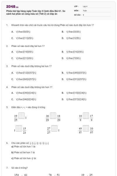 Phiếu bài tập hàng ngày Toán lớp 4 Cánh diều Bài 61. So sánh hai phân số cùng mẫu số (Tiết 2) có đáp án