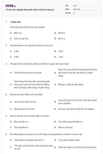 15 câu trắc nghiệm Nhà phát minh 6 tuổi (có đáp án)