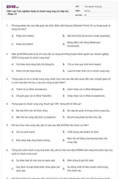 700+ câu Trắc nghiệm Quản lý chuỗi cung ứng (có đáp án) - Phần 19