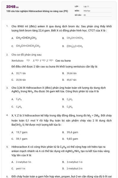 100 câu trắc nghiệm Hidrocacbon không no nâng cao (P5)