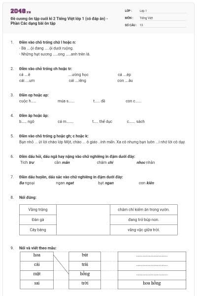 Đề cương ôn tập cuối kì 2 Tiếng Việt lớp 1 (có đáp án) - Phần Các dạng bài ôn tập