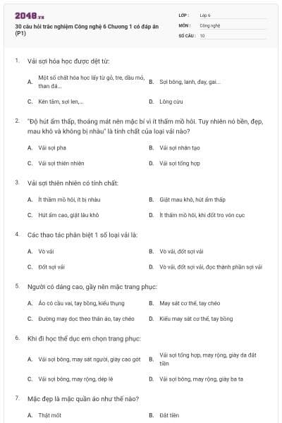 30 câu hỏi trắc nghiệm Công nghệ 6 Chương 1 có đáp án (P1)