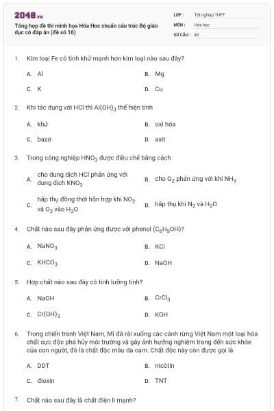 Tổng hợp đề thi minh họa Hóa Hoc chuẩn cấu trúc Bộ giáo dục có đáp án (đề số 16)