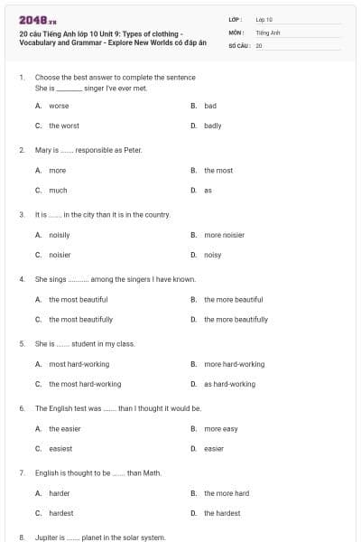 20 câu Tiếng Anh lớp 10 Unit 9: Types of clothing - Vocabulary and Grammar - Explore New Worlds có đáp án