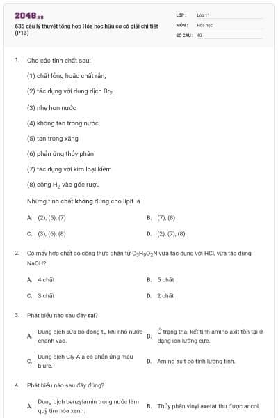 635 câu lý thuyết tổng hợp Hóa học hữu cơ có giải chi tiết (P13)