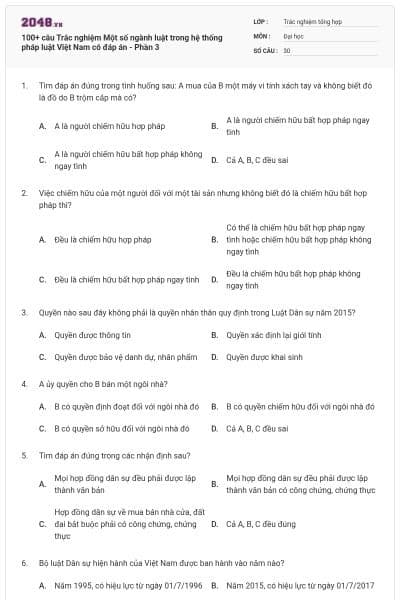 100+ câu Trắc nghiệm Một số ngành luật trong hệ thống pháp luật Việt Nam có đáp án - Phần 3
