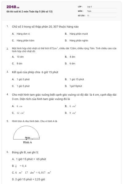 Đề thi cuối kì 2 môn Toán lớp 5 (Đề số 13)