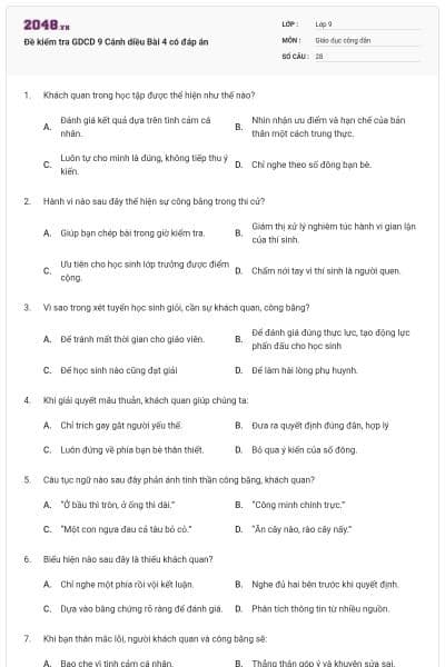 Đề kiểm tra GDCD 9 Cánh diều Bài 4 có đáp án