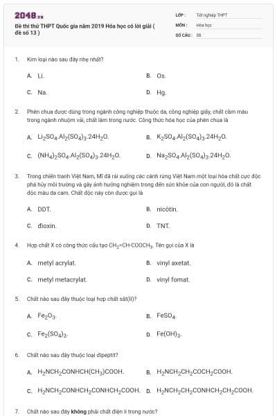 Đề thi thử THPT Quốc gia năm 2019 Hóa học có lời giải ( đề số 13 )