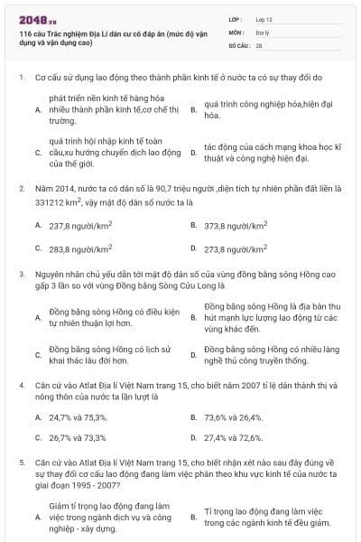 116 câu  Trắc nghiệm Địa Lí dân cư có đáp án (mức độ vận dụng và vận dụng cao)