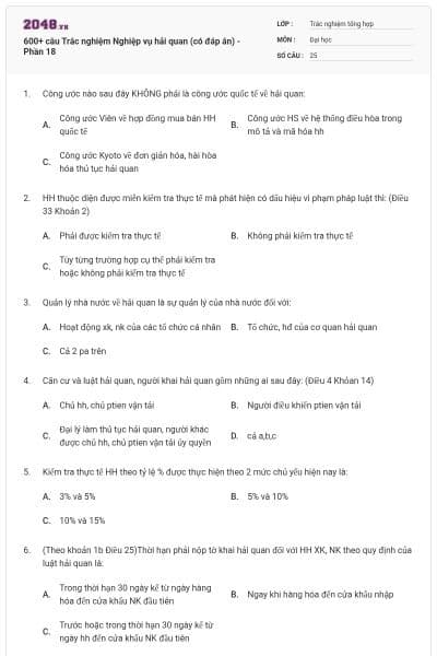 600+ câu Trắc nghiệm Nghiệp vụ hải quan (có đáp án) - Phần 18