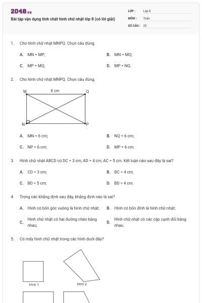 Bài tập vận dụng tính chất hình chữ nhật lớp 8 (có lời giải)