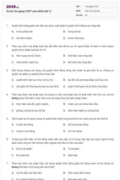 Ôn thi Tốt nghiệp THPT môn GDCD (Đề 7)