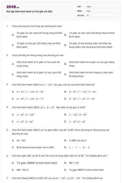 Bài tập Hình bình hành (có lời giải chi tiết)