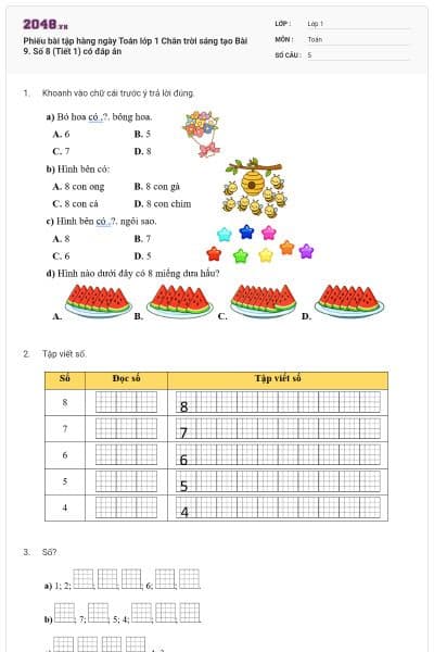 Phiếu bài tập hàng ngày Toán lớp 1 Chân trời sáng tạo Bài 9. Số 8 (Tiết 1) có đáp án