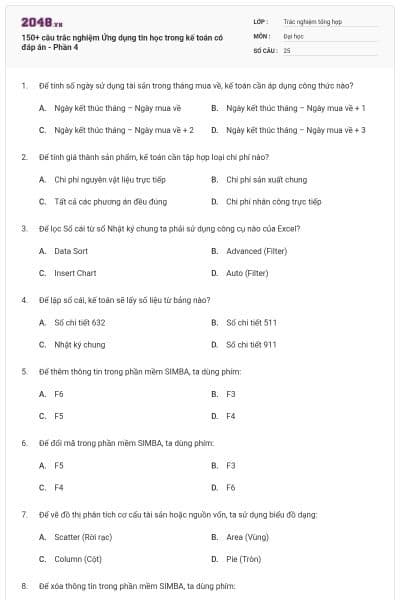 150+ câu trắc nghiệm Ứng dụng tin học trong kế toán có đáp án - Phần 4