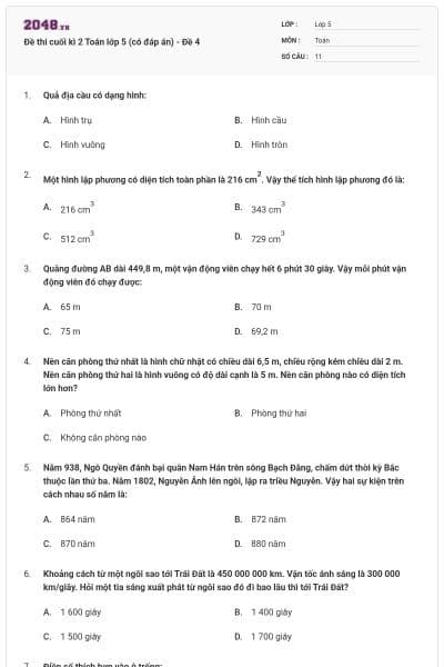 Đề thi cuối kì 2 Toán lớp 5 (có đáp án) - Đề 4