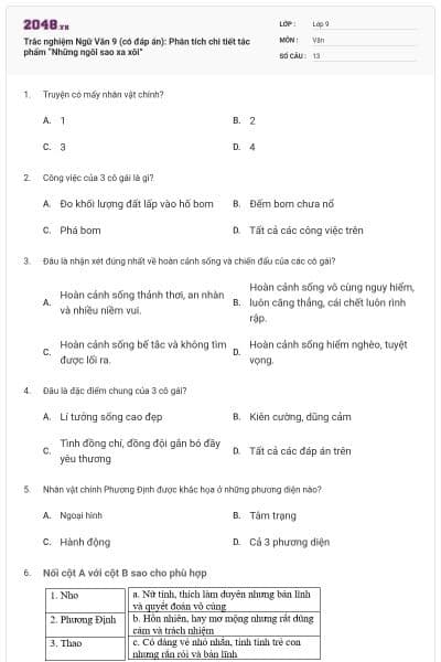 Trắc nghiệm Ngữ Văn 9 (có đáp án): Phân tích chi tiết tác phẩm “Những ngôi sao xa xôi”