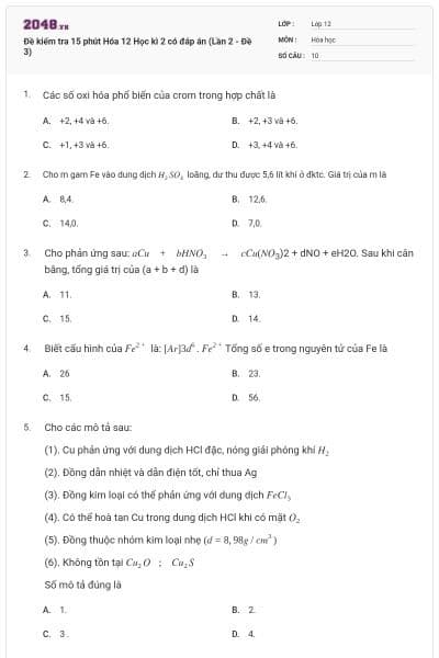 Đề kiểm tra 15 phút Hóa 12 Học kì 2 có đáp án (Lần 2 - Đề 3)