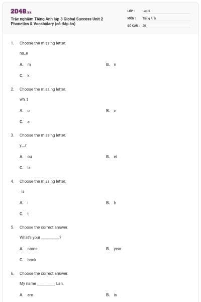 Trắc nghiệm Tiếng Anh lớp 3 Global Success Unit 2 Phonetics & Vocabulary (có đáp án)