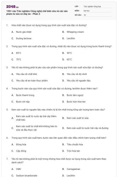 100+ câu Trắc nghiệm Công nghệ chế biến sữa và các sản phẩm từ sữa có đáp án - Phần 3