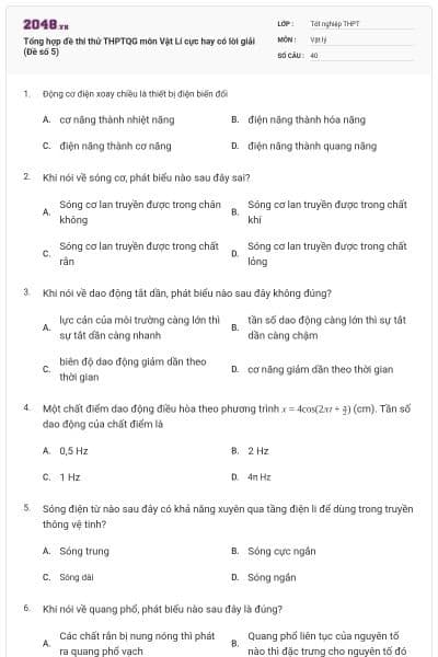 Tổng hợp đề thi thử THPTQG môn Vật Lí cực hay có lời giải (Đề số 5)