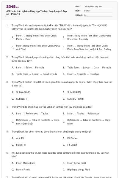 400+ câu trắc nghiệm tổng hợp Tin học ứng dụng có đáp án - Phần 10