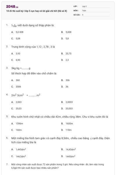 10 đề thi cuối kỳ I lớp 5 cực hay có lời giải chi tiết (Đề số 8)