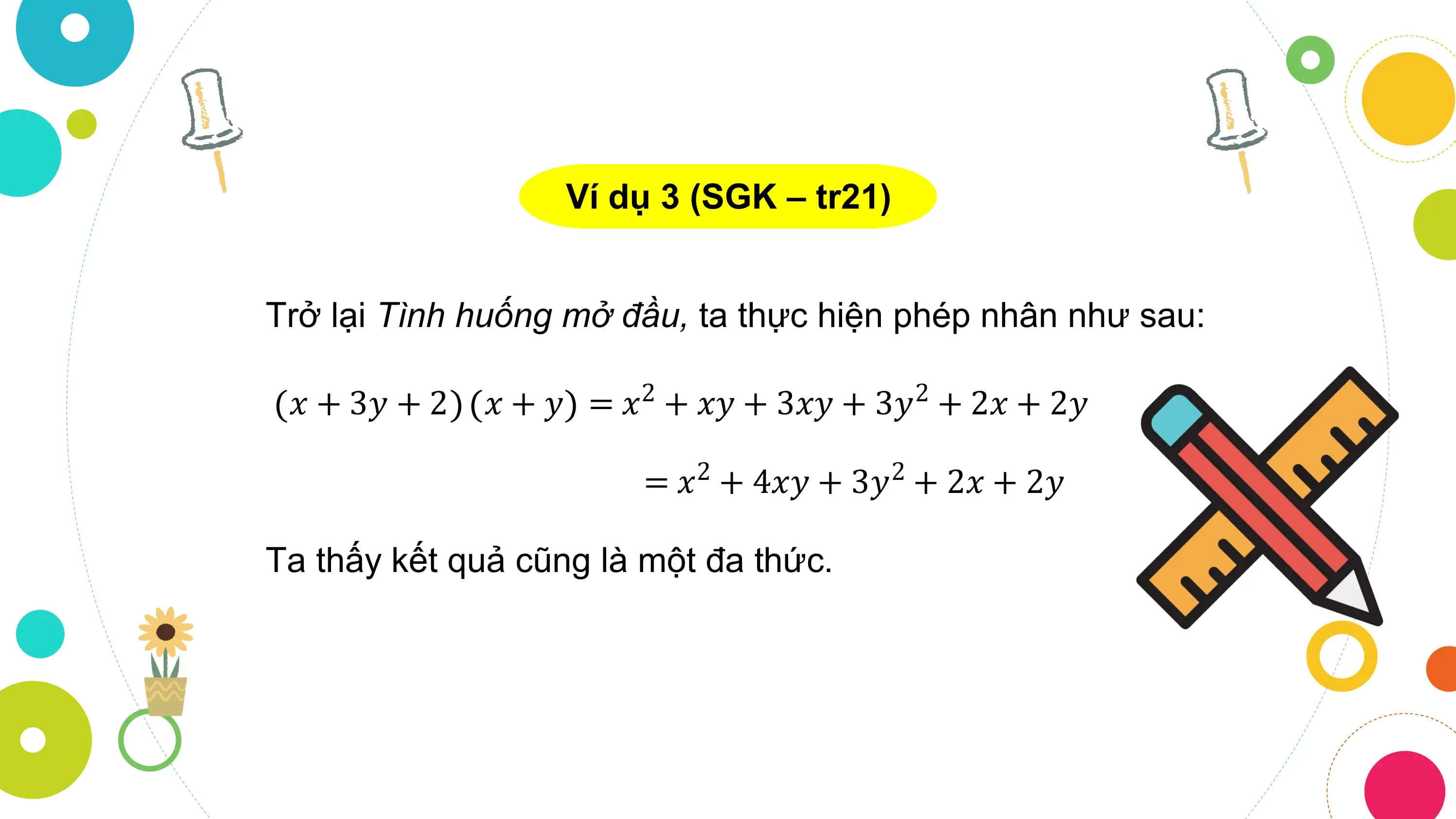 Ví dụ 3 (SGK – tr21)

Trở lại Tình huống mở đầu, ta thực hiện phép nhân như sau:

 𝑥 + 3𝑦 + 2 𝑥 + 𝑦 = 𝑥2 + 𝑥𝑦 + 3𝑥𝑦 + 3𝑦2 + 2𝑥 + 2𝑦

 = 𝑥 + 4𝑥𝑦 + 3𝑦 + 2𝑥 + 2𝑦
 2 2

Ta thấy kết quả cũng là một đa thức.