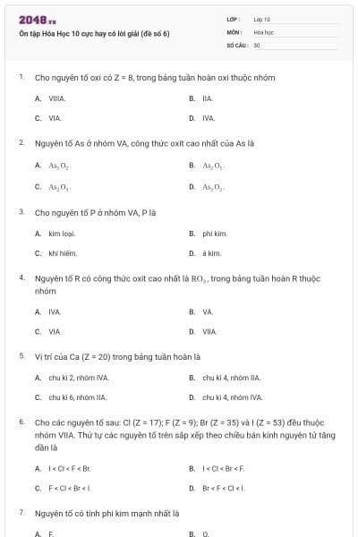 Ôn tập Hóa Học 10 cực hay có lời giải (đề số 6)
