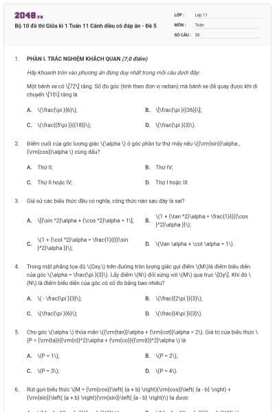 Bộ 10 đề thi Giữa kì 1 Toán 11 Cánh diều có đáp án - Đề 5