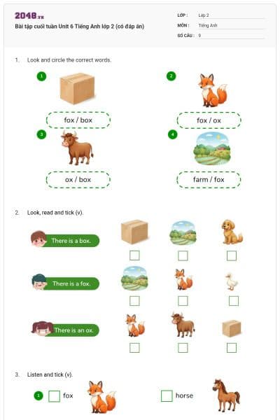 Bài tập cuối tuần Unit 6 Tiếng Anh lớp 2 (có đáp án)