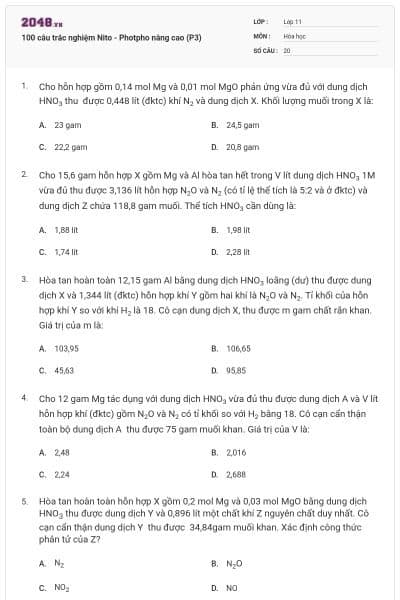 100 câu trắc nghiệm Nito - Photpho nâng cao (P3)