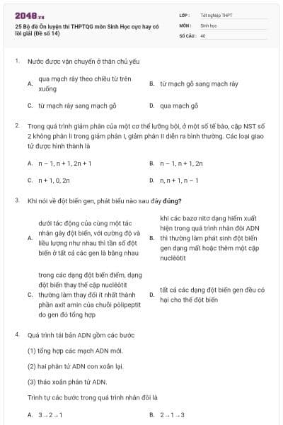 25 Bộ đề Ôn luyện thi THPTQG môn Sinh Học cực hay có lời giải (Đề số 14)
