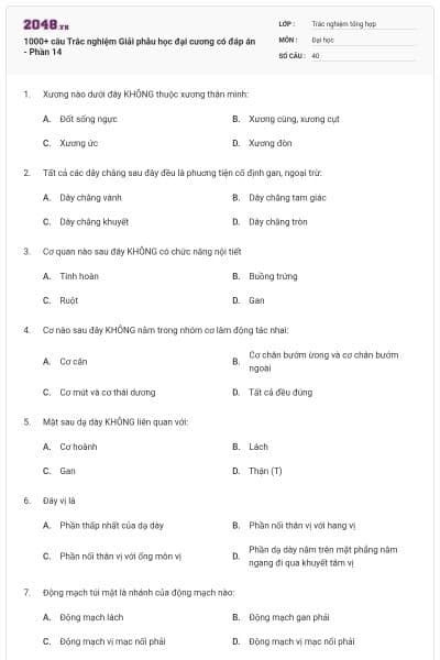 1000+ câu Trắc nghiệm Giải phẫu học đại cương có đáp án - Phần 14