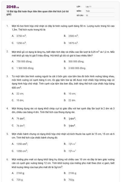 10 Bài tập Bài toán thực tiễn liên quan đến thể tích (có lời giải)
