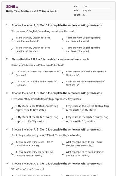 Bài tập Tiếng Anh 8 mới Unit 8 Writing có đáp án